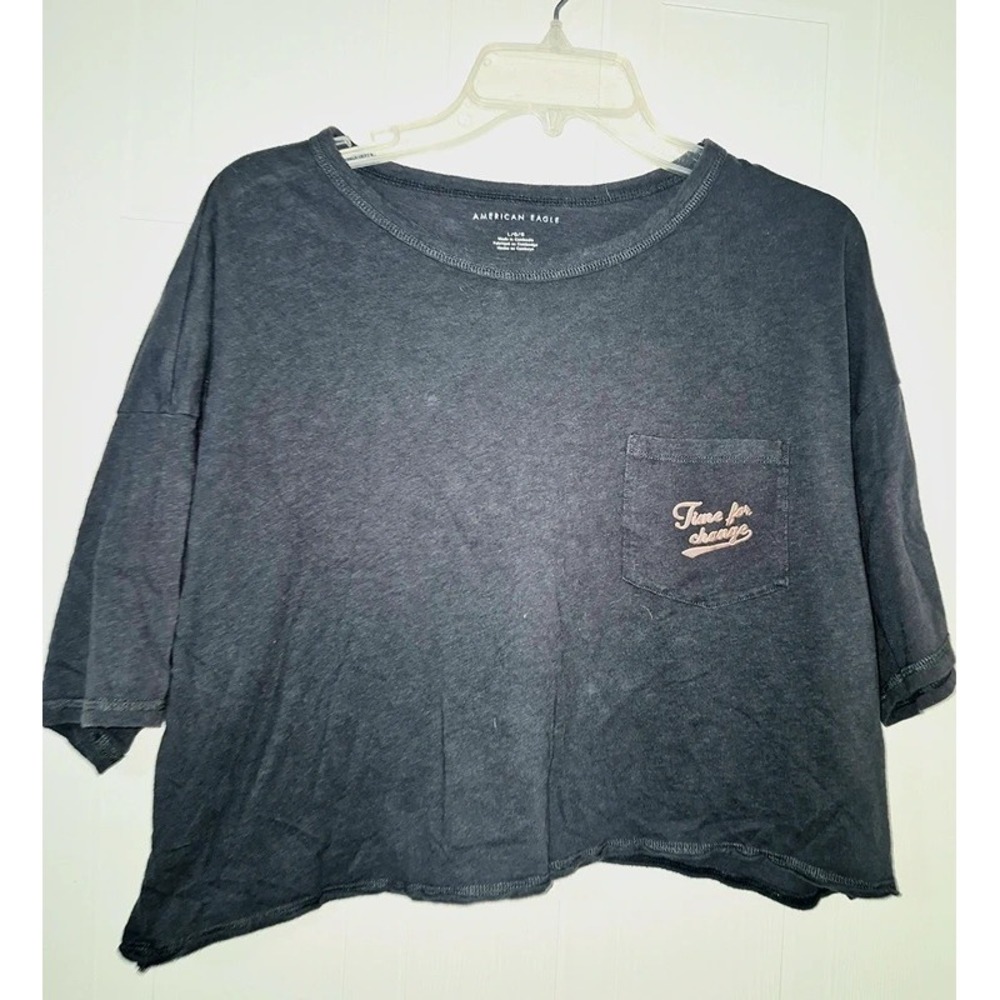 American Eagle Time for Change Pocket T-Shirt Dark Grey Raw Hem Boxy Fit Large